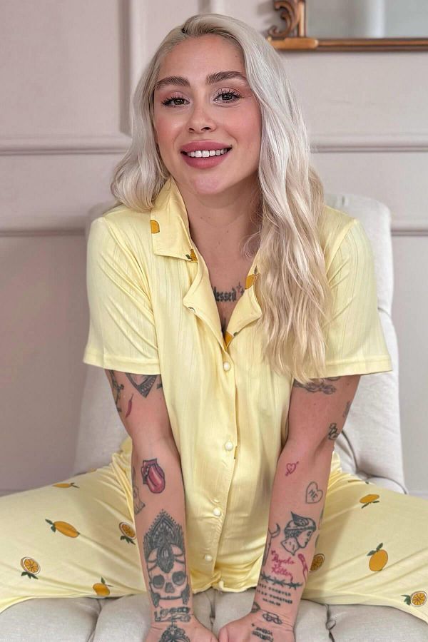 Pijamaevi-Yellow Citrus Charm Patterned Front Buttoned Marlenka Pajama Set 1