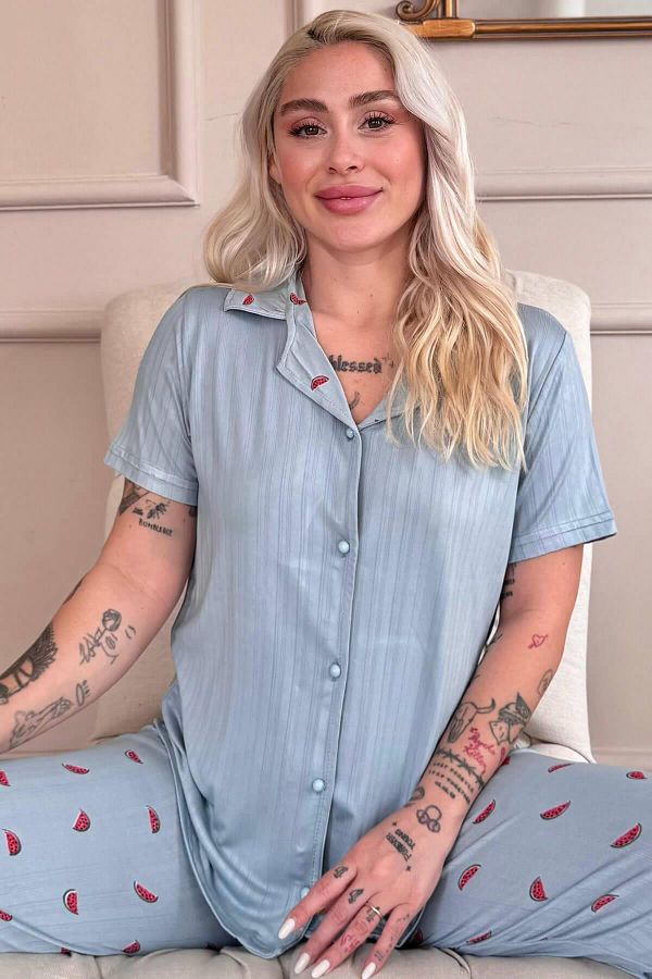 Pijamaevi-Aqua Melon Bliss Patterned Front Buttoned Marlenka Pajama Set 1