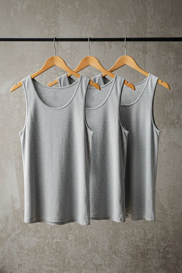Trendyol Collection-Gray U Collar Combed Cotton 3-Piece Cotton Underwear Undershirt 1