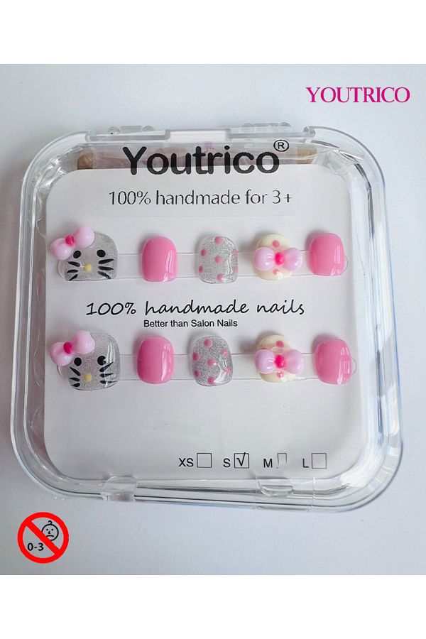 Youtrico-أظافر أطفال لاصقة مصنوعة يدويًا بنسبة 100%، لون أخضر كرتوني، آمنة للأطفال من سن 3 سنوات فما فوق، مقاس صغير 1