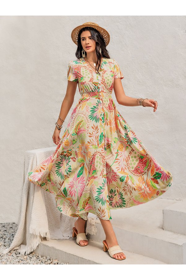 Russty Dustty By Styli Floral Print0ed V-Neck Short Sleeve Dress