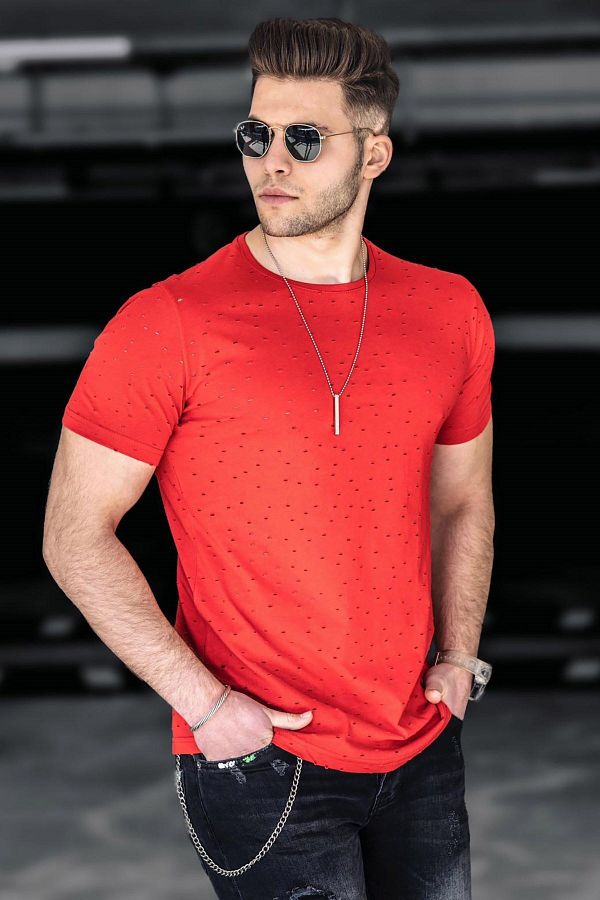 Madmext-Σχισμένο λεπτομερές κόκκινο T-shirt 2883 1