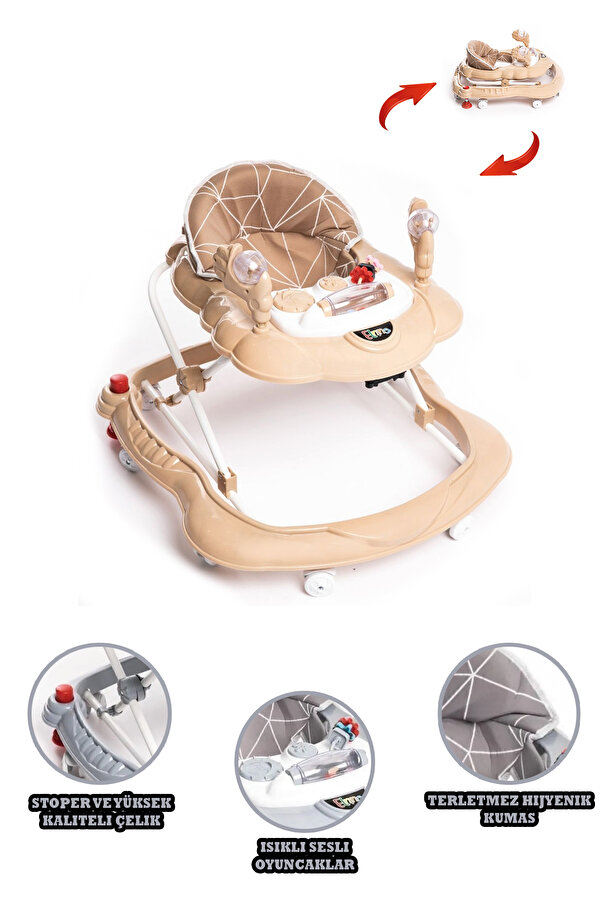 TOYZZONE Oyuncaklı Müzikli Ve Işıklı 3 Kademeli Örümcek Bebek Yürüteci Krem