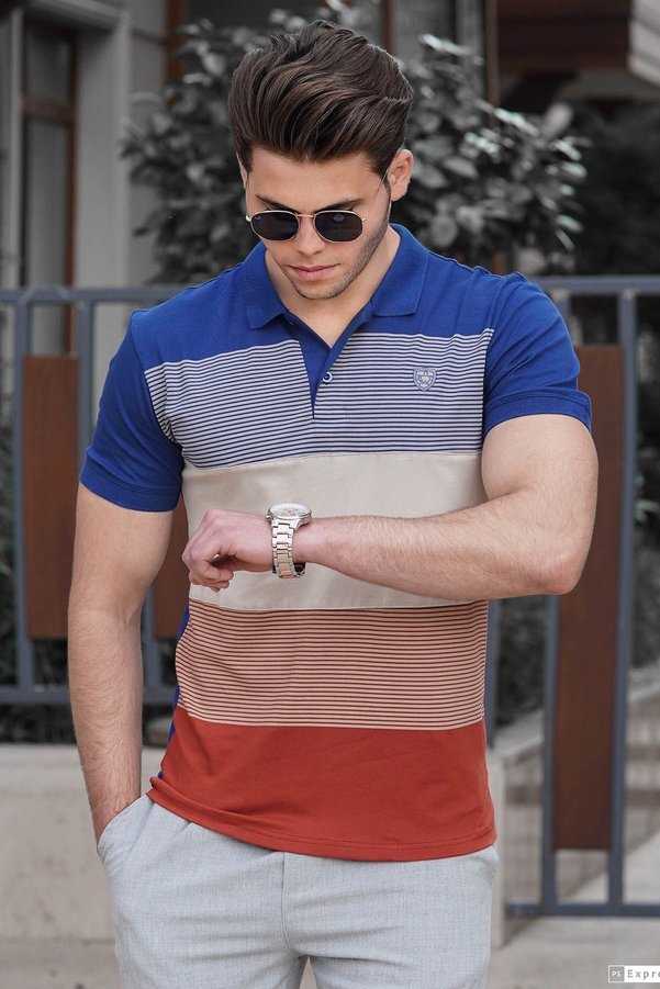 Madmext Color Blocked Cobalt Blue Polo Neck Men's T-Shirt 9280