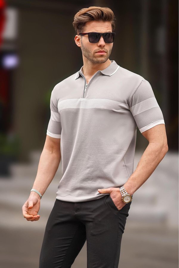 Madmext Gray Zipper Detailed Polo Collar Men's T-Shirt 6879