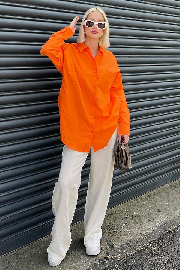Madmext-Oranžová oversize Basic vrecková popelínová košeľa Mg1530 1