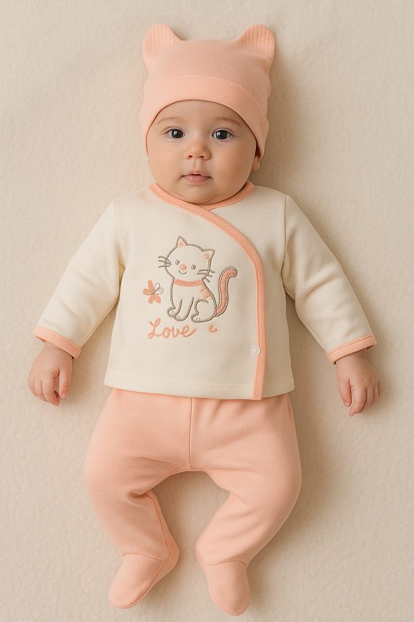TRENDİMİZBİR-Butterfly Cat Embroidered Baby Girl 3-Piece Hospital Outfit Set - Salmon 1