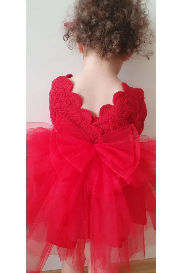 inMini-Girl's Red Heart Patterned Mini Dress with Buckle, Layered Skirt, Tulle Tail Bow, V-Back Detail 1