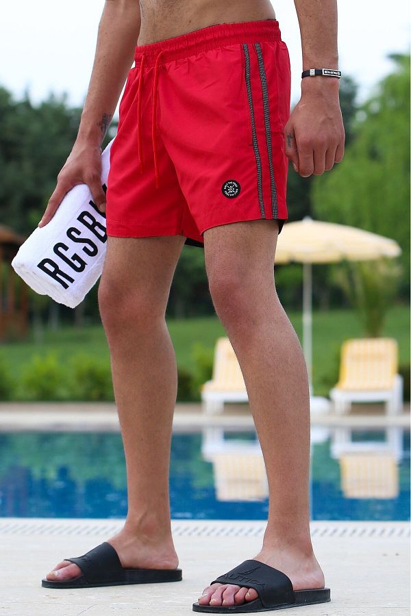 Madmext-Embroidered Side Stripe Claret Red Swim Shorts 2943 1