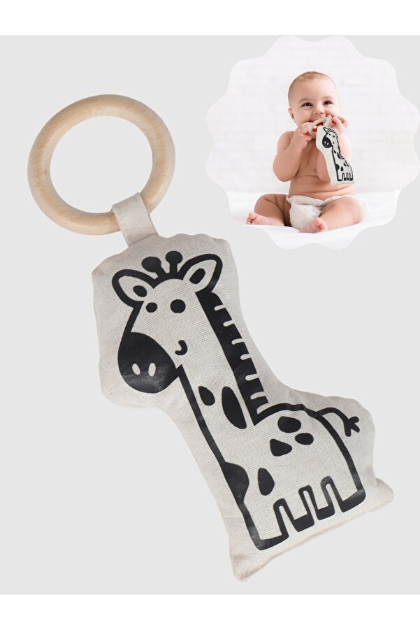 3Baby Doğal Ahşap Diş Kaşıyıcı / Organik Pamuklu Pofuduk Peluş Oyuncak / Zürafa
