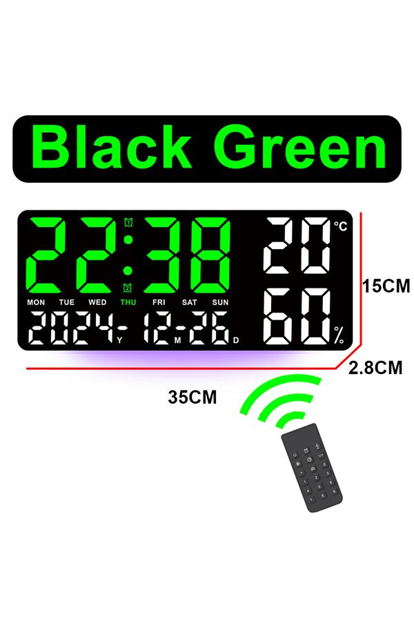 Choice-Black Green Digital Wall Clock with Atmosphere Lights Remote Control TEMP Humidity Display LED Large 1