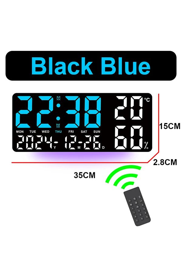 Choice-Black Blue Digital Wall Clock with Atmosphere Lights Remote Control TEMP Humidity Display LED Large 1