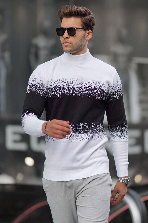 Madmext-White Turtleneck Patterned Sweater 6845 1