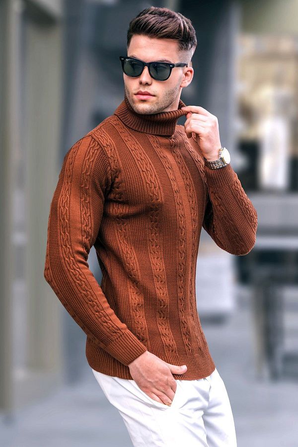 Madmext-Camel Patterned Turtleneck Sweater 5769 1