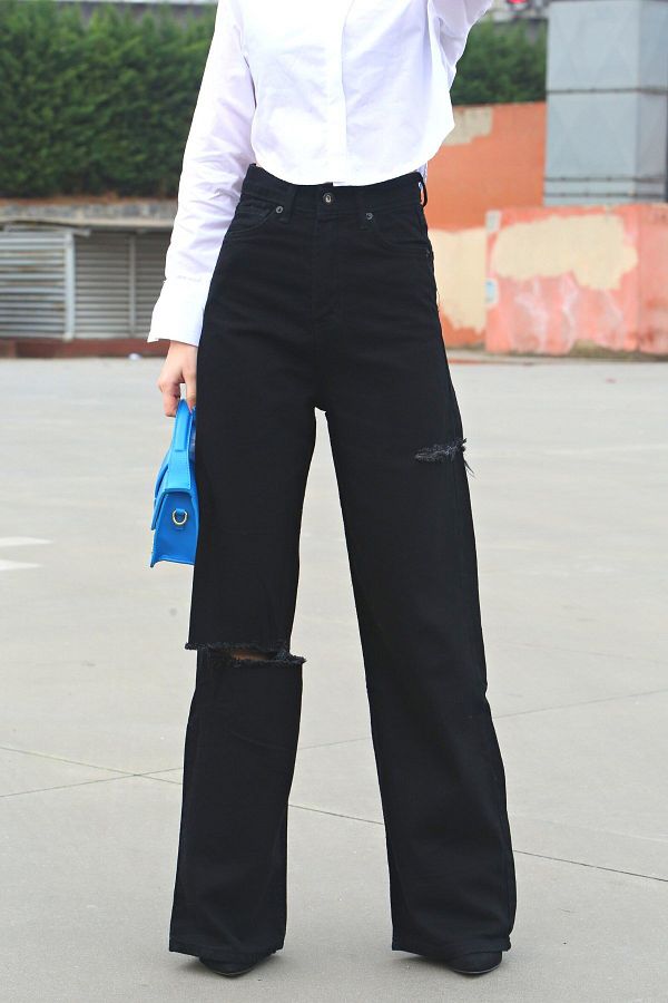 Madmext-أسود ممزق مفصل Palazzo Jean Mg1560 1