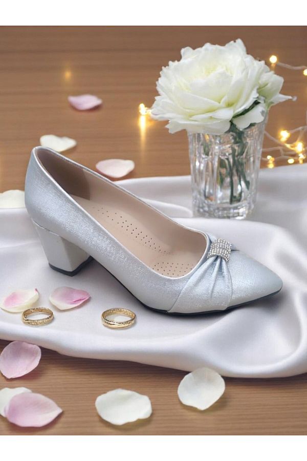 Elit-641 Silver Stone Detailed 5 cm Women's Evening Dress Heeled Shoes 1
