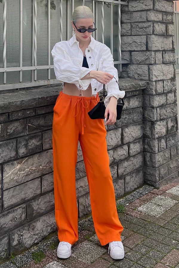 Madmext-Orange Crinkle Fabric Basic Women's Beach Trousers Mg1778 1