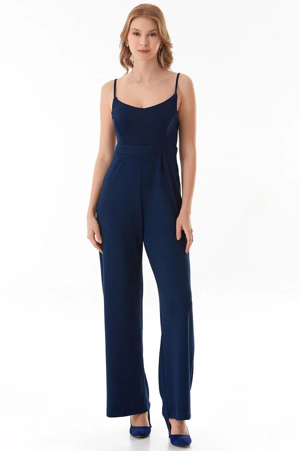 TENA-Women's Navy Blue Rope Strap Modal Fabric Wide Leg Jumpsuit 1