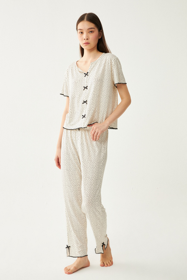 Ecrou-Women's Ecru Polka Dot Short Sleeve Slit Trousers Pajama Set 1