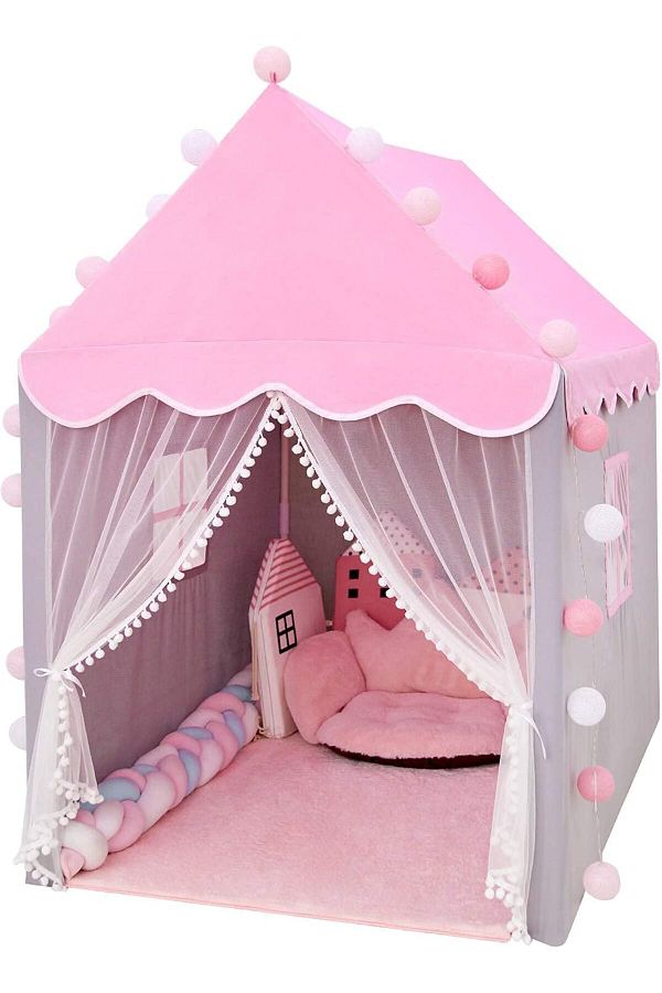 zola-Children's playhouse with lights, Zola®, windows, grey with pink, 130 x 100 x 115 cm 1