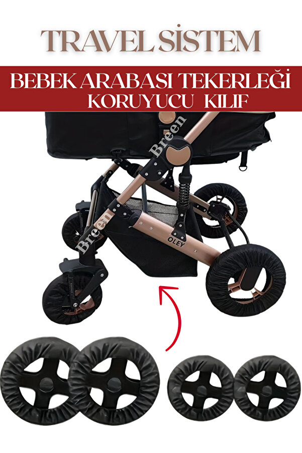 Breen Siyah Travel Bebek Arabası Tekerleği Koruyucu Kılıf, Yer Kaplamaz, Su Geçirmez, Toz Geçirmez