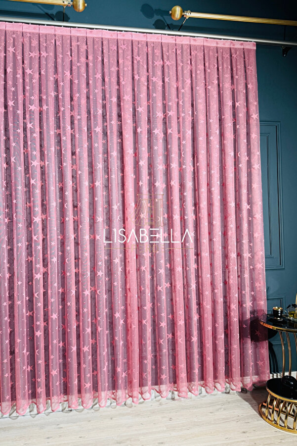 LisabellaHome Pembe Düşler Prenses Odası yıldız desen ütü istemez Tül Perde (1x3 sık pile dikişli))