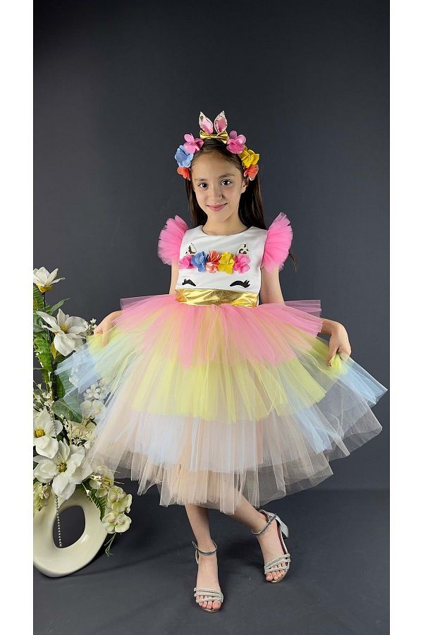 Mnk-Colorful Sequined Buckle Girl's Party Dress White 1