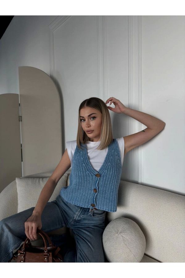 nedo7-Knitwear Sleeveless Buttoned Vest - Blue 1