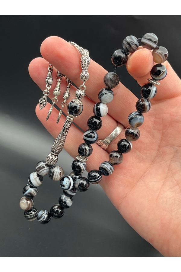 BCF Koleksiyon-Ak 0180200 . 270425   Black and White Banded Agate Sphere Cut Metal Tassel Rosary 10X10Mm 1
