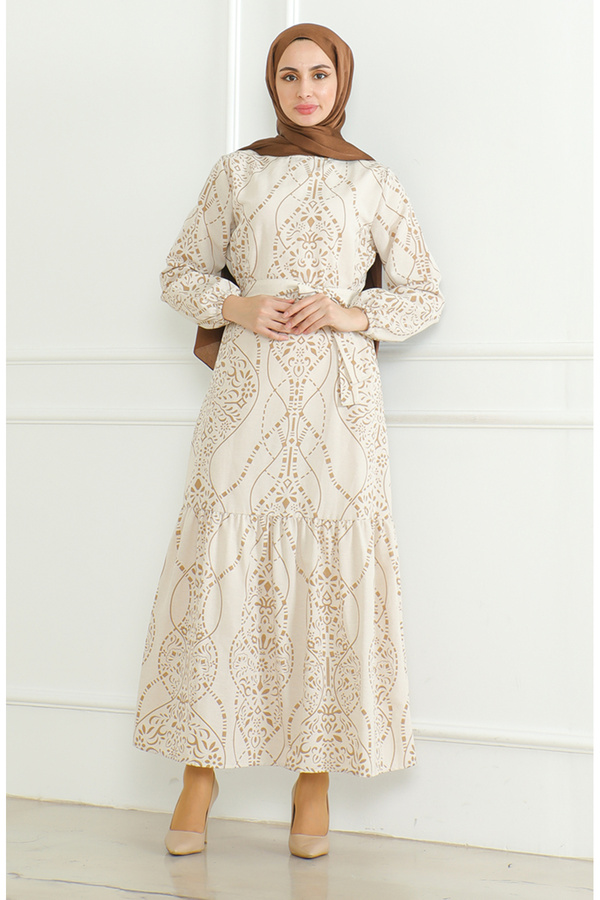 sefamerve-Leinenkleid 0471E-02 Beige Milchbraun – Gemustert und mit Gürtel 1