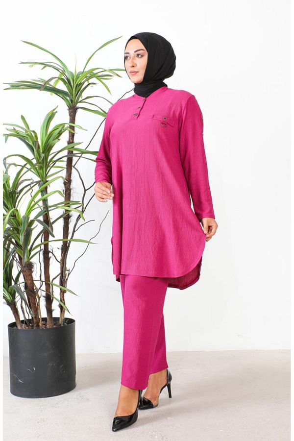 sefamerve-Fuchsia Tunic and Trousers Plus Size Set 2691-09 1