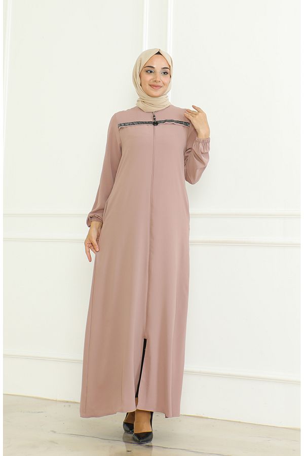 sefamerve-Mink Colored Ferace with Zipper and Elastic Arm - 0475-08 1