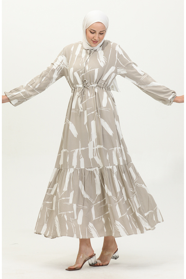 sefamerve-Mink Colored Viscose Dress - Brush Pattern and Drawstring 81869-02 1