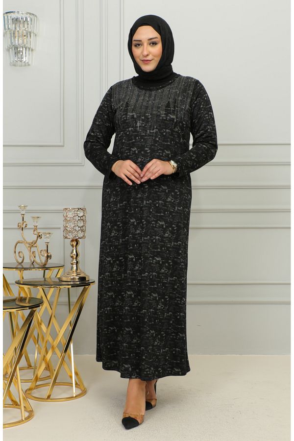 sefamerve-Plum Patterned Stone Printed Plus Size Dress - 4425C-04 1