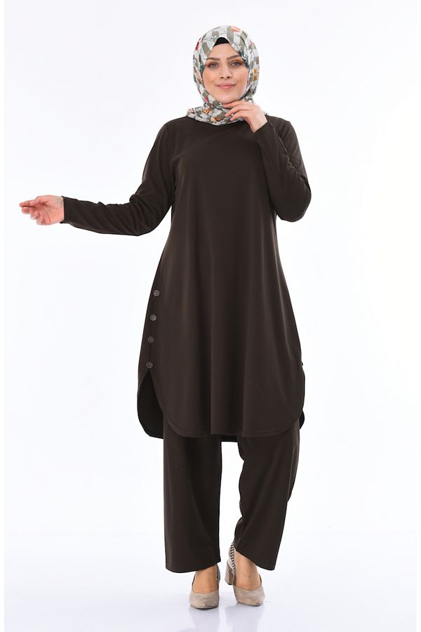 sefamerve-Khaki Tunic and Trousers Two Pieces Set - Button Detail, Large Size 2655-01 1