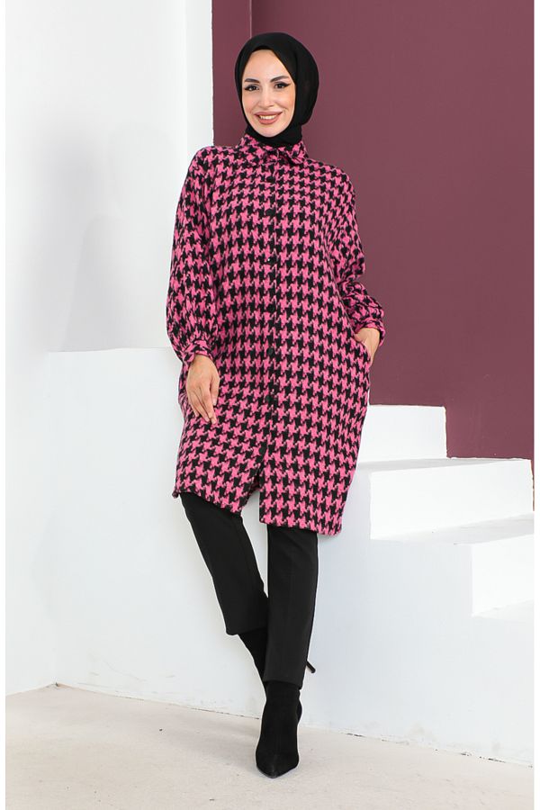 sefamerve-Fuchsia Houndstooth Patterned Tunic - 23k8763-01 1