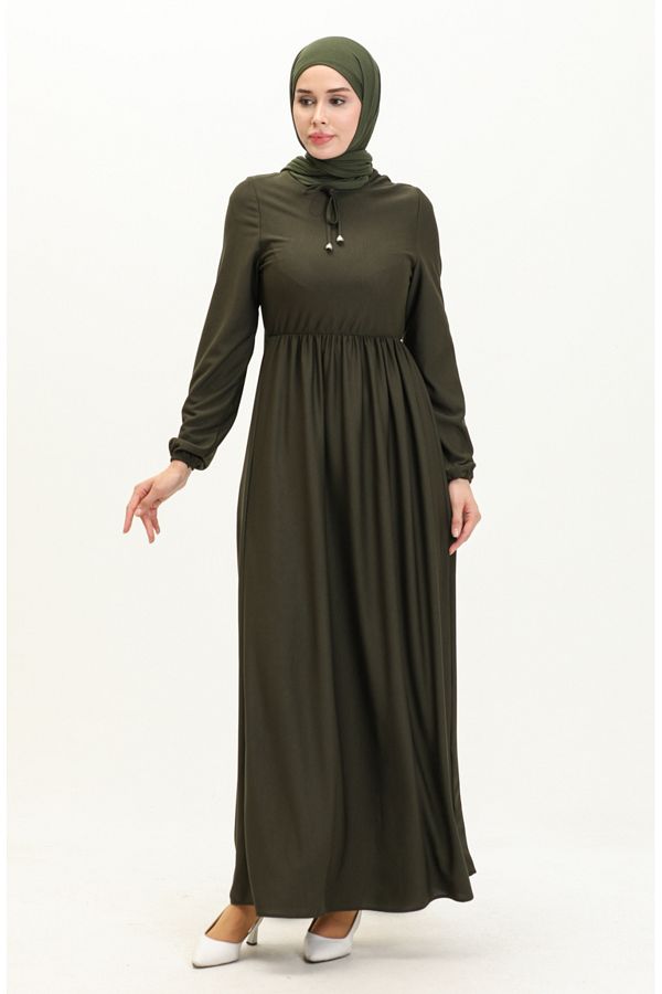 sefamerve-Khakifarbenes Kleid mit Kordelzug an der Taille – 0575-01 1