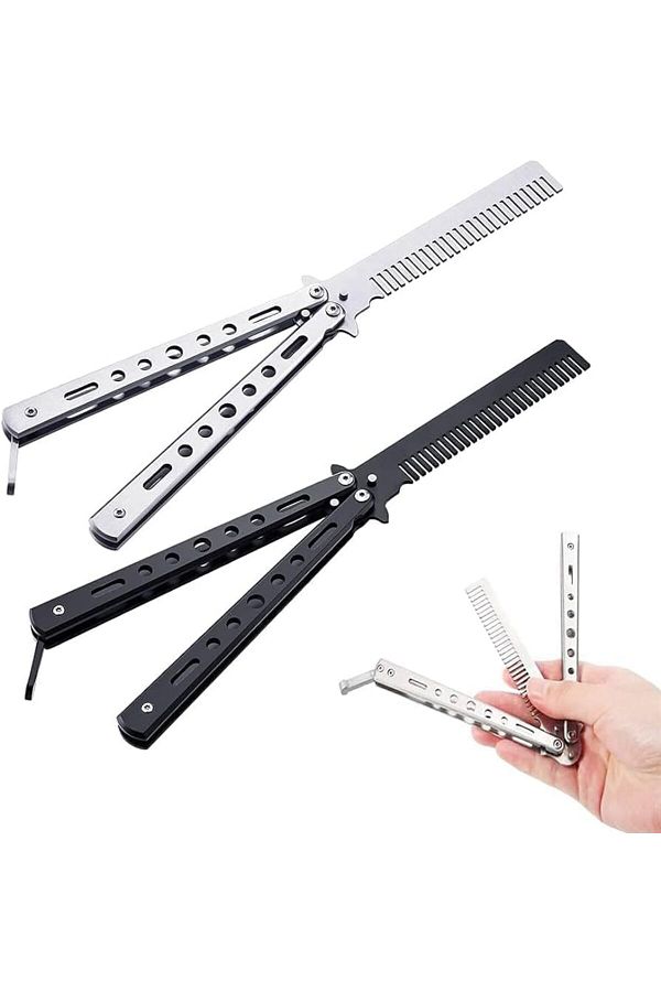 LA PERLA TECH-2 Pieces, Butterfly Comb, Stainless Steel Foldable Pocket Comb, Spring Hair Comb,(Silver, Black) 1