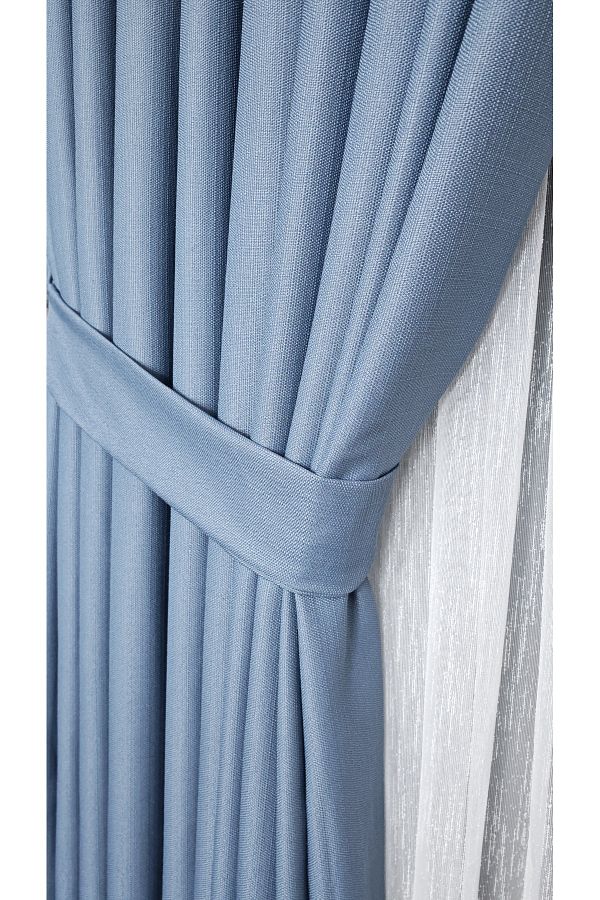 Yuka-Linen Textured Blue Panel Background Curtain Luxury Heavy Weight Single Sash 1/3 Dense Pleated Solid Color 1