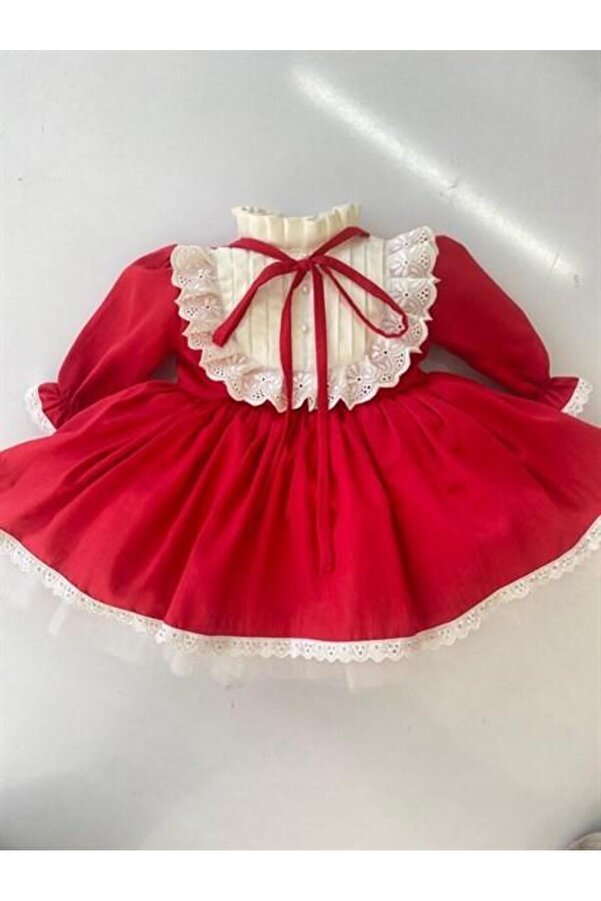 Hly Karol Tasarım Kırmızı İnci Vintage Kız Bebek Elbisesi, doğum günü elbisesi, fotoğraf çekim elbisesi,
