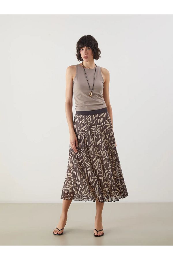 LC Waikiki-Lcw Vision Brown Patterned Pleated Skirt with Elastic Waist 1