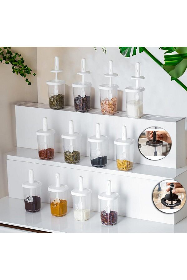 LUXE-Set of 12 Spice Jars with Slide Spoon, Leakproof Lid and Label Storage Container 1