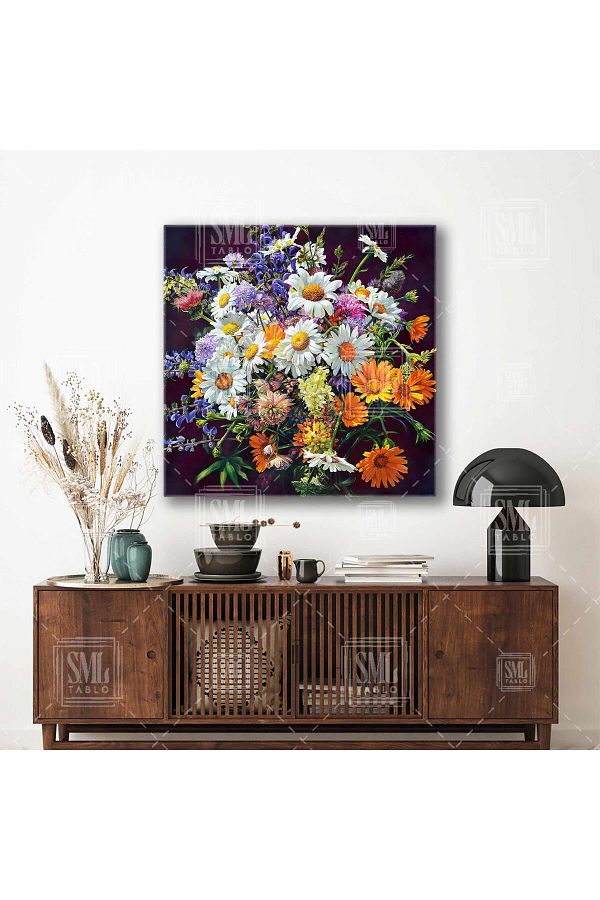 SML TABLO-Large Daisy Flower Bouquet Arrangement Square Canvas Painting 1