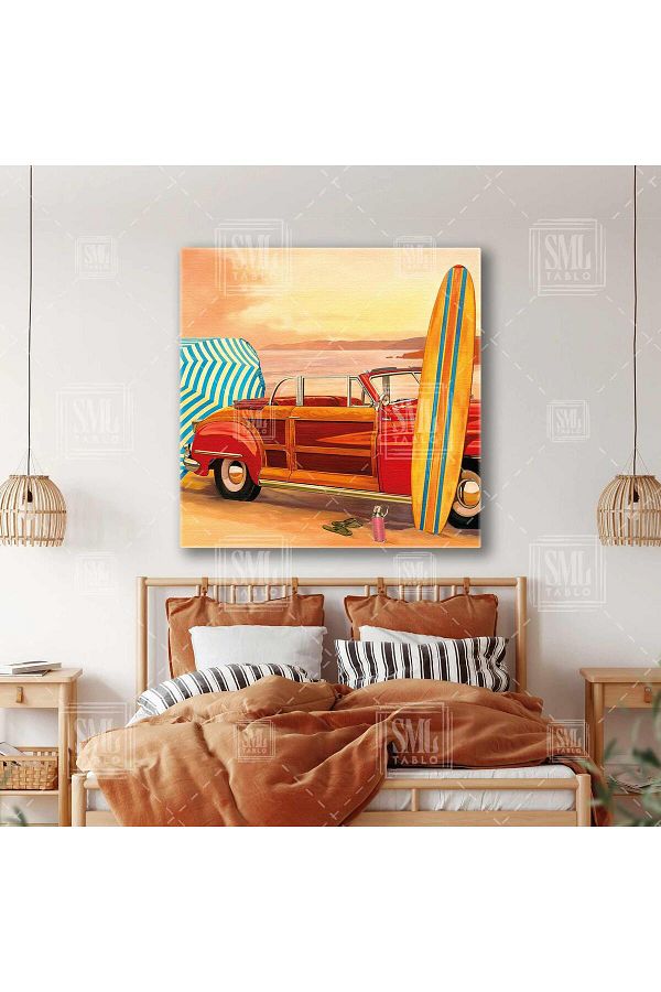 SML TABLO-Seaside Sandy Beach Red Classic Car Surfboard Square Canvas Print 1