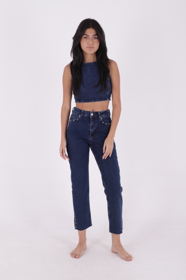 RICHMOST-High Waisted Mom Fit Women's Jean Jeans with Rhinestones at the Legs and Slit Pockets Straight Dark Rins Denim 1