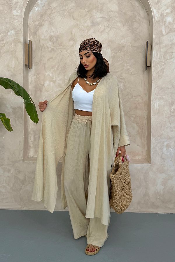 Ortaya Çık-Beige Long Bottom Top Kimono Set 1