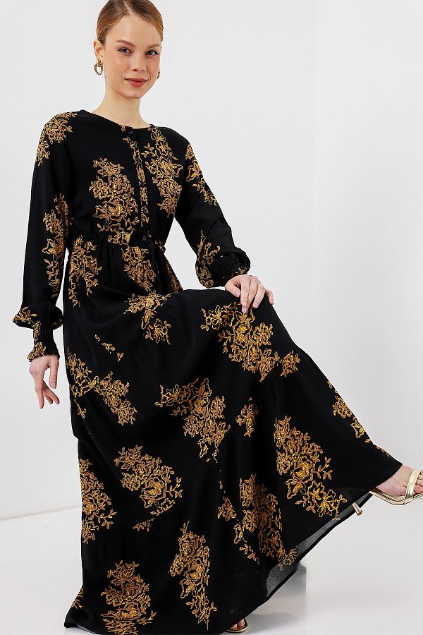 Bigdart-2145 فستان حجاب منقوش - C.أسود 1