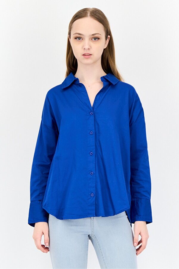 Kathy Ireland Women Spread Collar Long Sleeves Plain Shirt, Royal