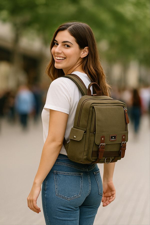 Lubros-Functional Leather Detailed Canvas Backpack Large Volume, Stylish and Unisex Design 1