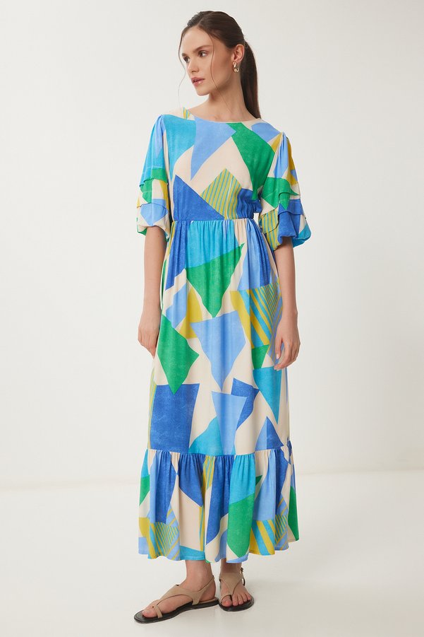 Happiness İstanbul Women's Blue Green Patterned Summer Woven Dress Rg00055